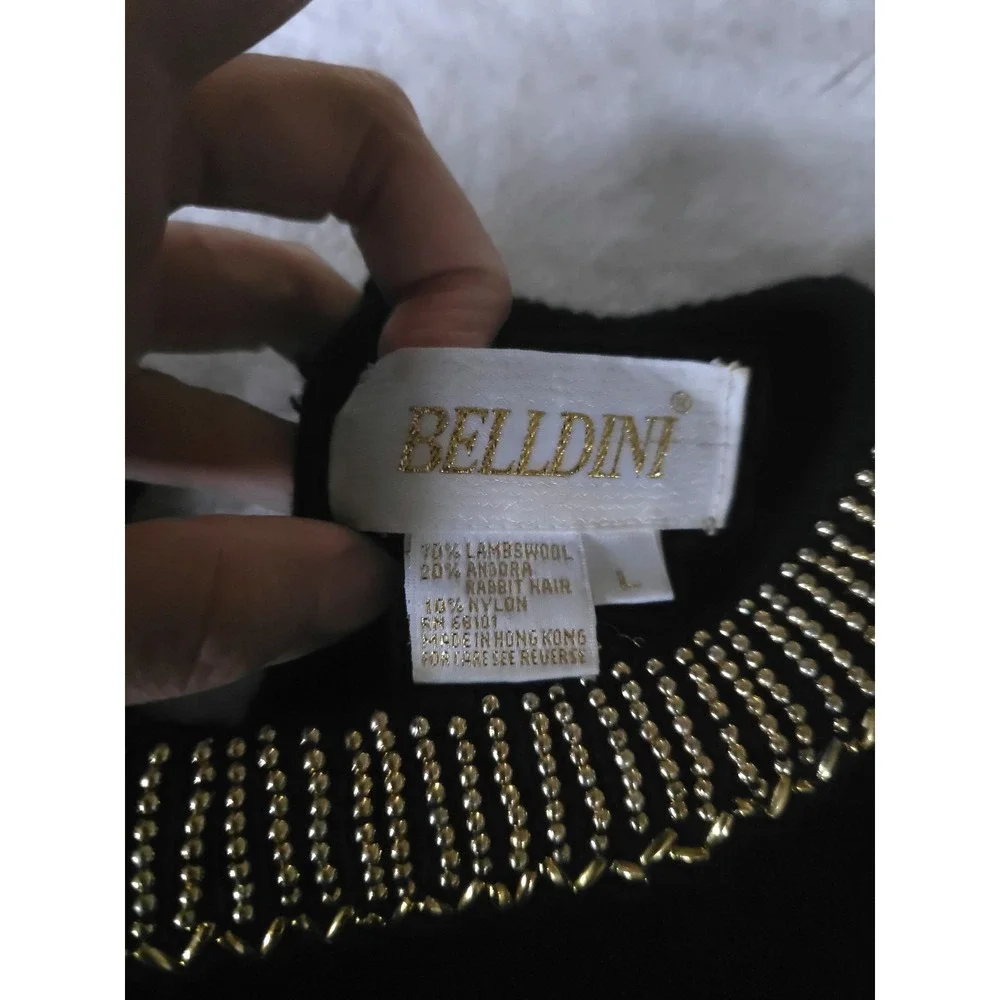 Vintage‎ Belldini Women's Sweater Large Black Beaded Angora Lambswool Floral